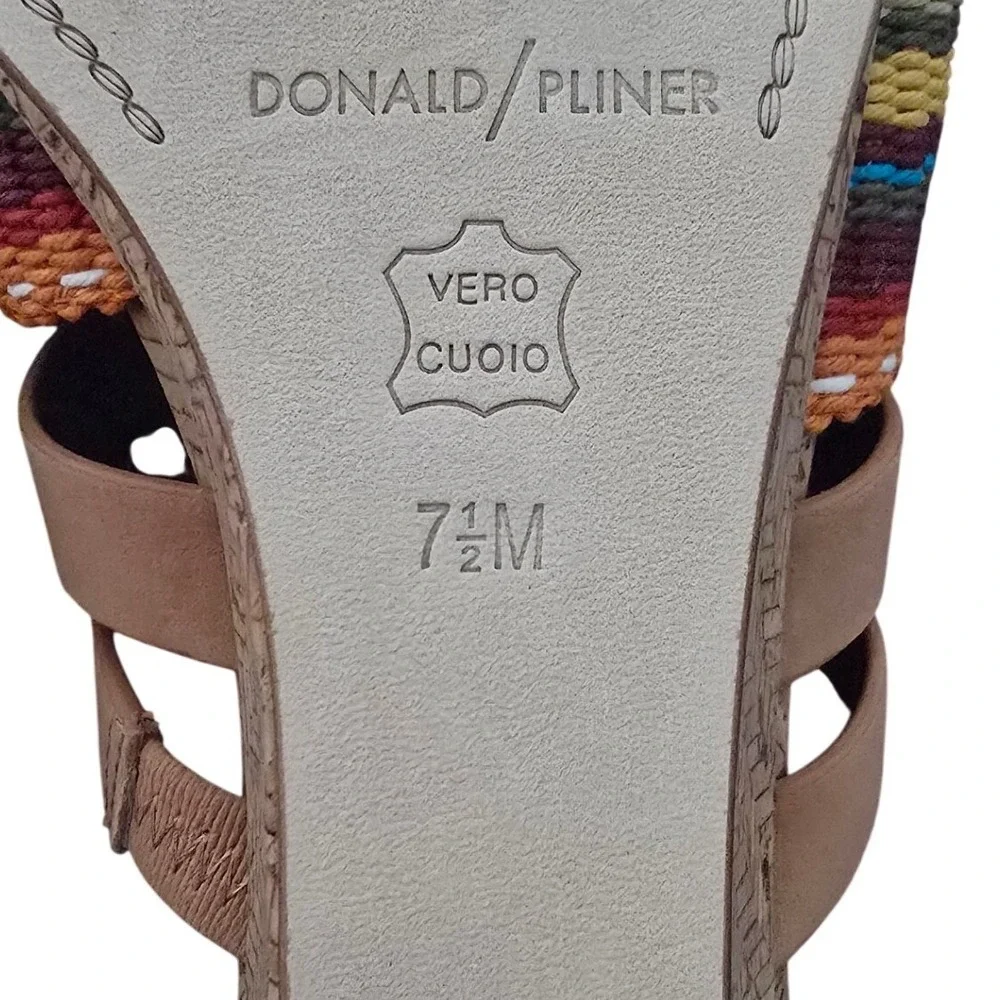 Donald Pliner Womens 7.5M Tan Multi Color Woven Leather Cork Wedge Sandals Italy